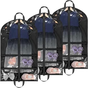 Kids Garment Bags for Dance Costumes, 40" Dance Garment Bags for Dancers with 4 Clear Zipper Pockets, Foldable Dance Competition Garment Bags for Hanging Clothes, 3 Pack, Black