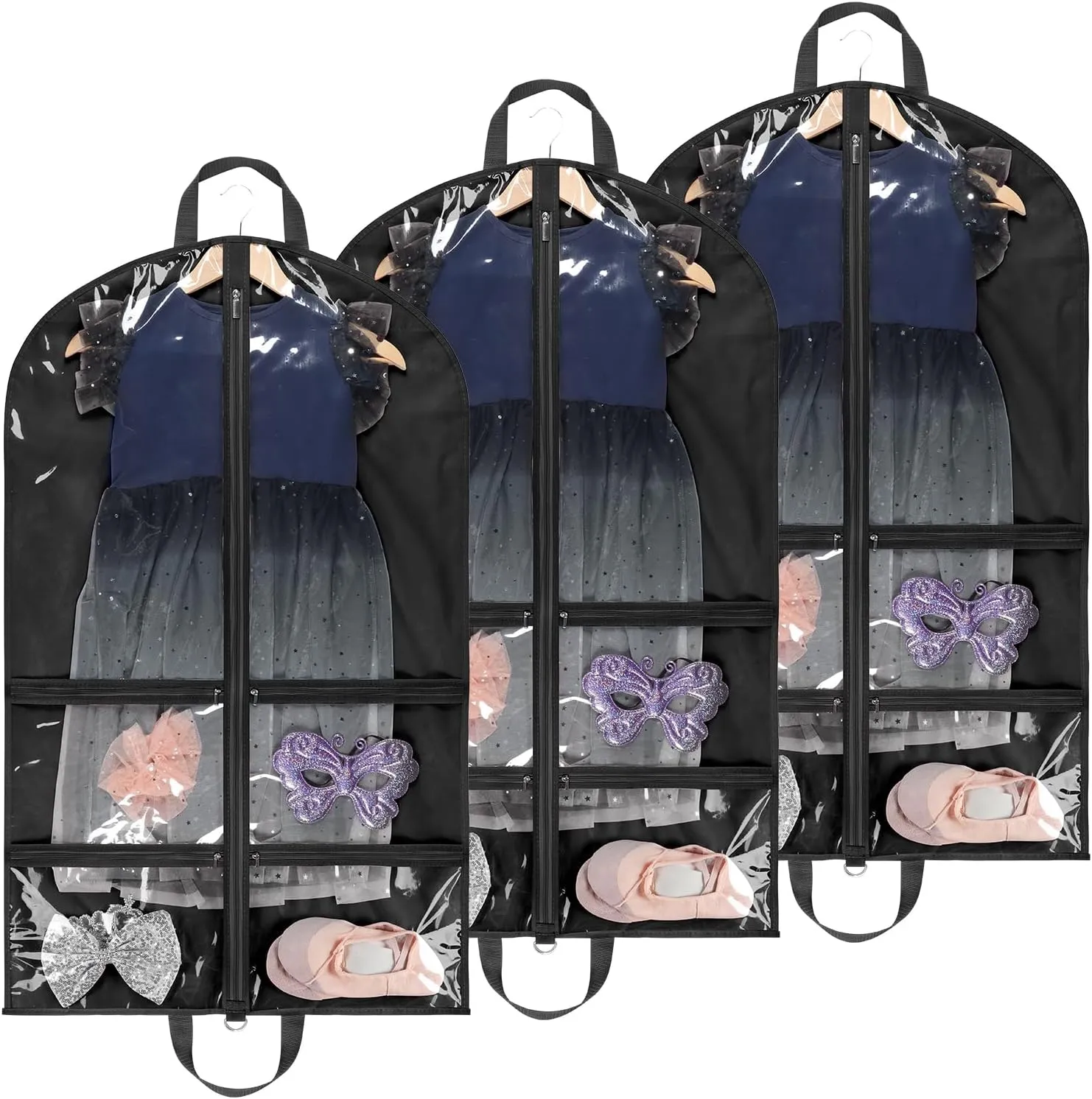 Kids Garment Bags for Dance Costumes, 40" Dance Garment Bags for Dancers with 4 Clear Zipper Pockets, Foldable Dance Competition Garment Bags for Hanging Clothes, 3 Pack, Black
