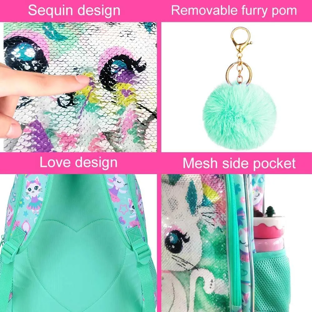 KLFVB 3PCS Unicorn Mermaid Backpack for Girls, 16" Sequin Kids Bookbag and Lunch Box, Preschool Backpacks for Elementary