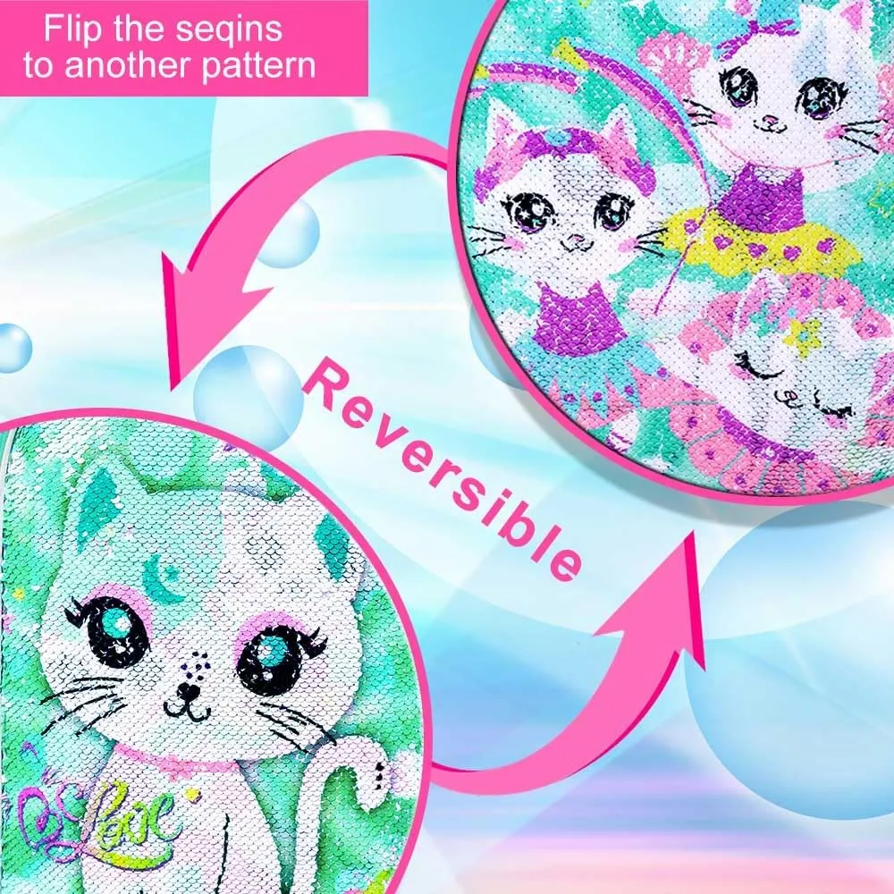 KLFVB 3PCS Unicorn Mermaid Backpack for Girls, 16" Sequin Kids Bookbag and Lunch Box, Preschool Backpacks for Elementary