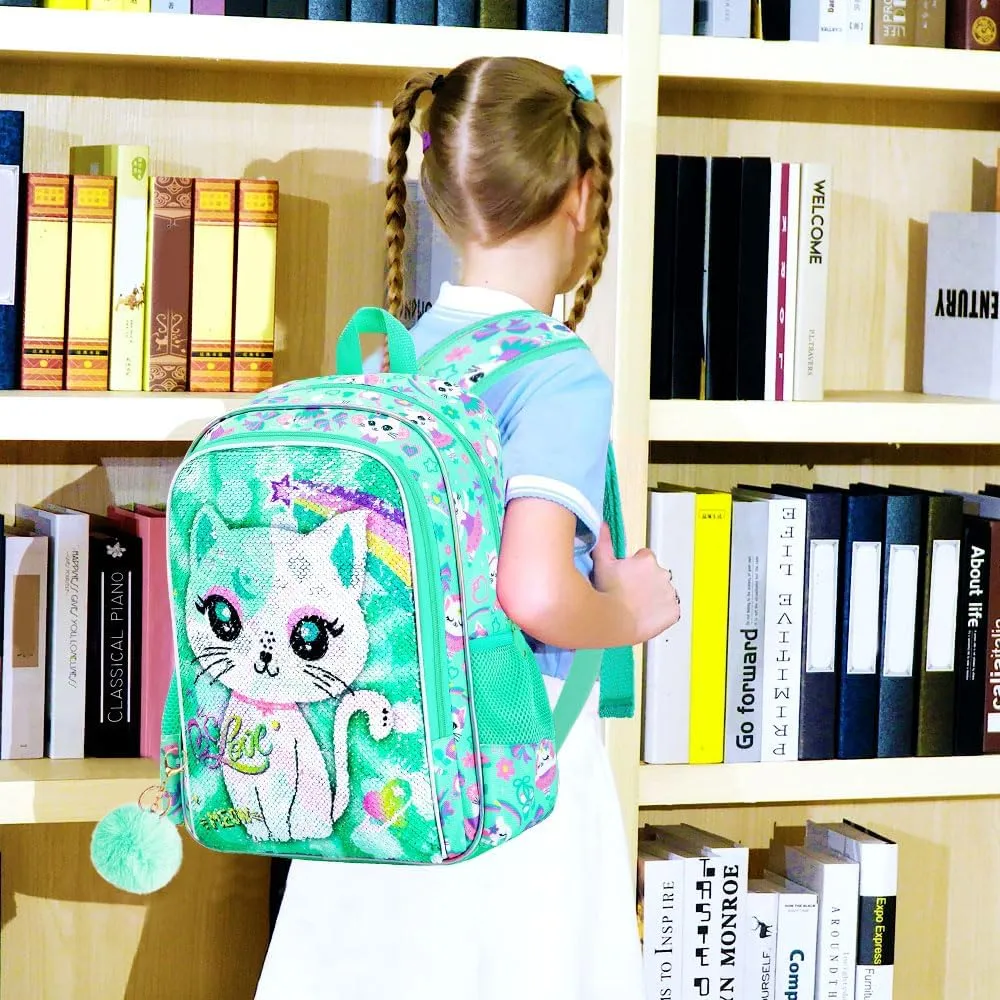 KLFVB 3PCS Unicorn Mermaid Backpack for Girls, 16" Sequin Kids Bookbag and Lunch Box, Preschool Backpacks for Elementary