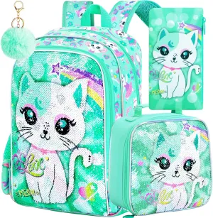 KLFVB 3PCS Unicorn Mermaid Backpack for Girls, 16" Sequin Kids Bookbag and Lunch Box, Preschool Backpacks for Elementary