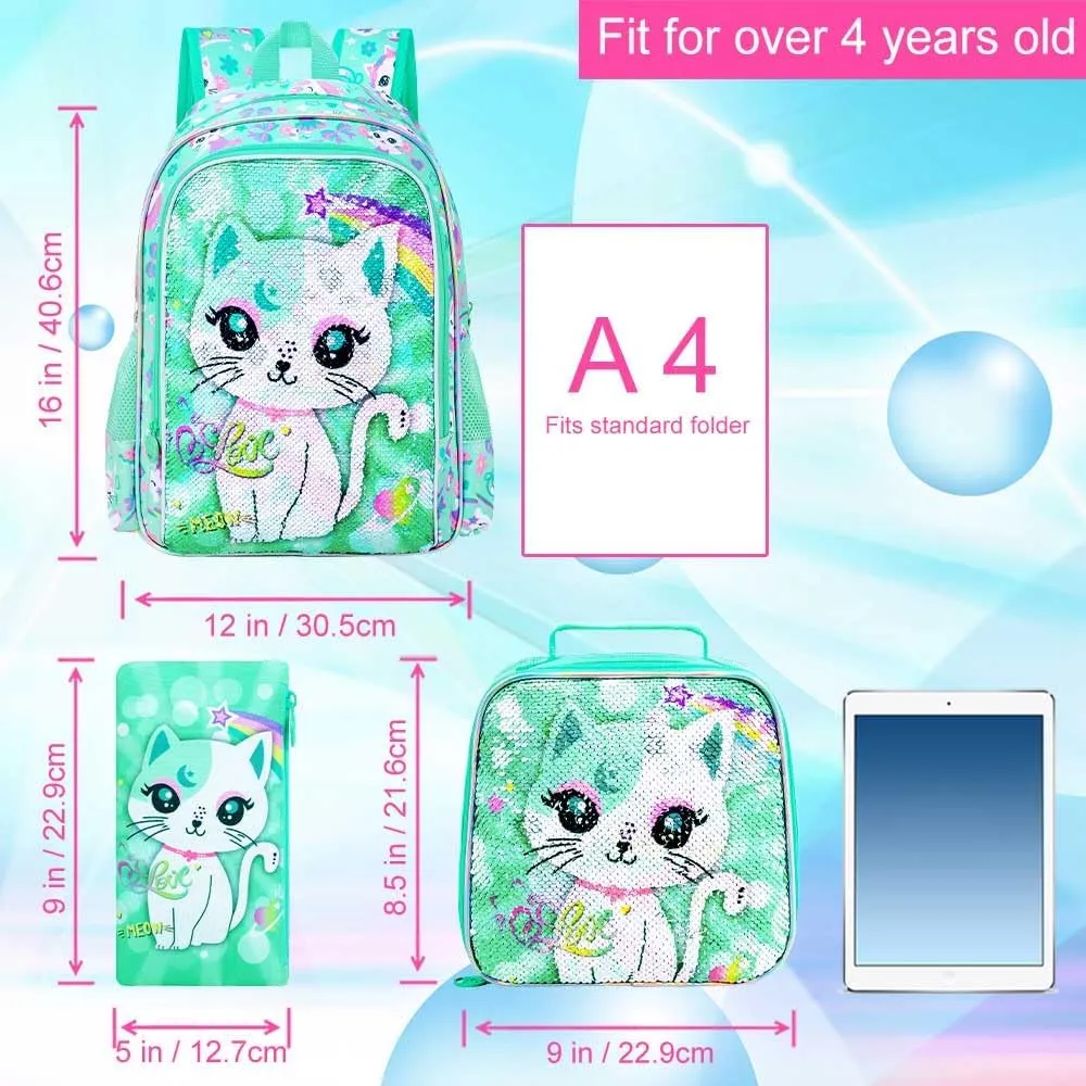 KLFVB 3PCS Unicorn Mermaid Backpack for Girls, 16" Sequin Kids Bookbag and Lunch Box, Preschool Backpacks for Elementary