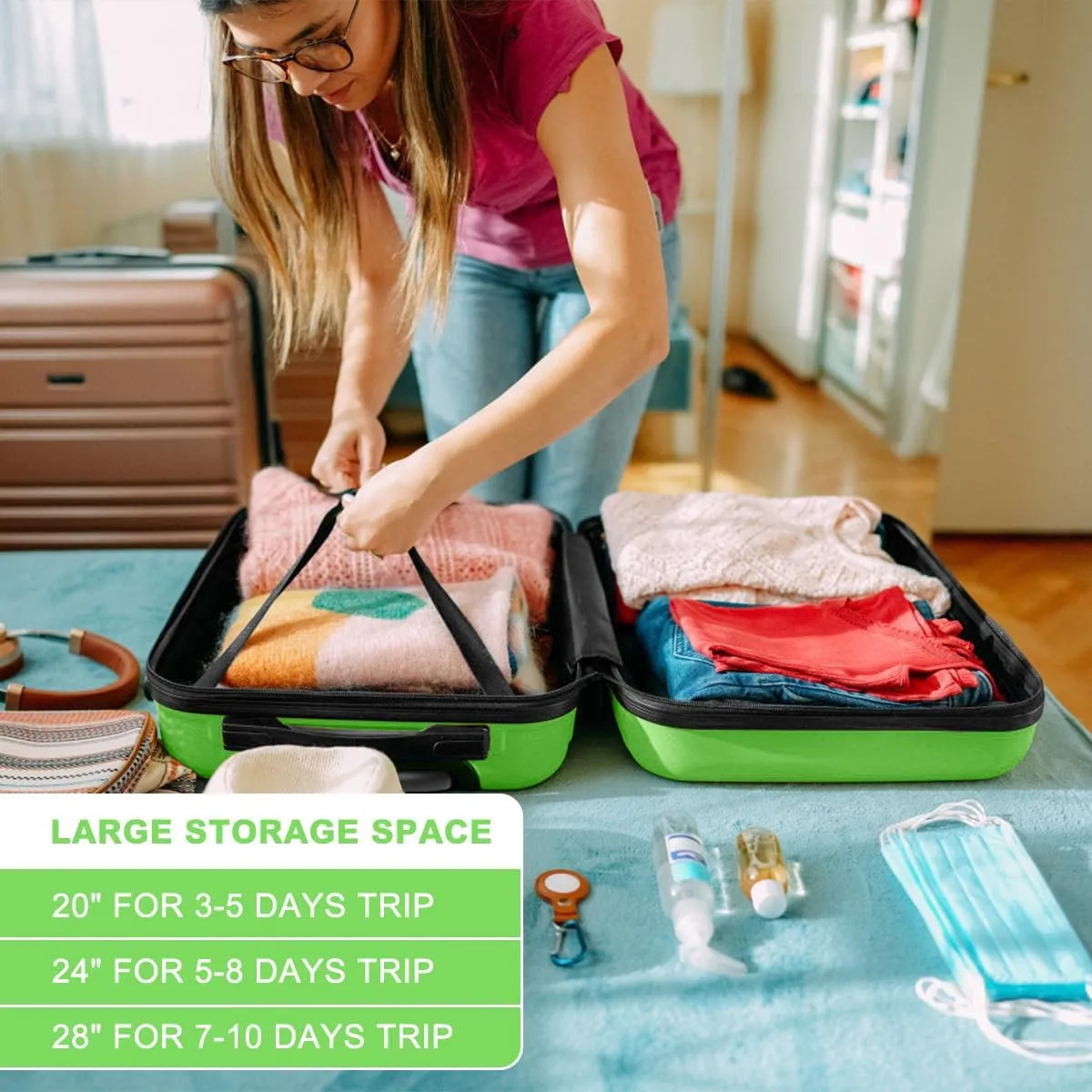 Kono 4 Piece Luggage Sets Expandable(only 28") Lightweight with Spinner Wheels TSA Lock Hardside Travel Rolling Suitcases 20in 24in 28in Carry on and 12in Mini Cosmetic Case Apple Green