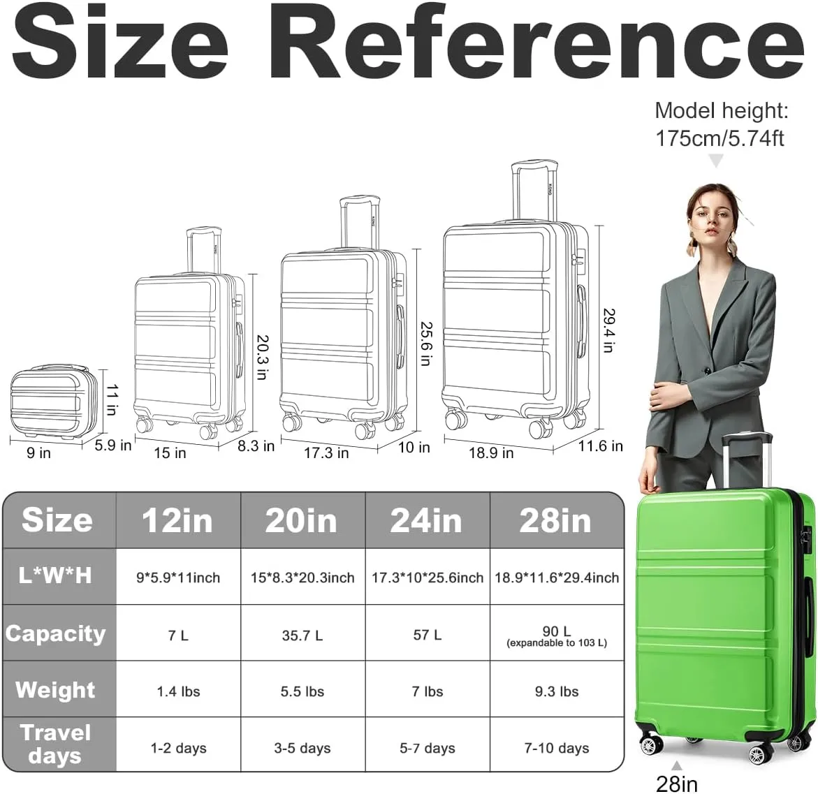 Kono 4 Piece Luggage Sets Expandable(only 28") Lightweight with Spinner Wheels TSA Lock Hardside Travel Rolling Suitcases 20in 24in 28in Carry on and 12in Mini Cosmetic Case Apple Green