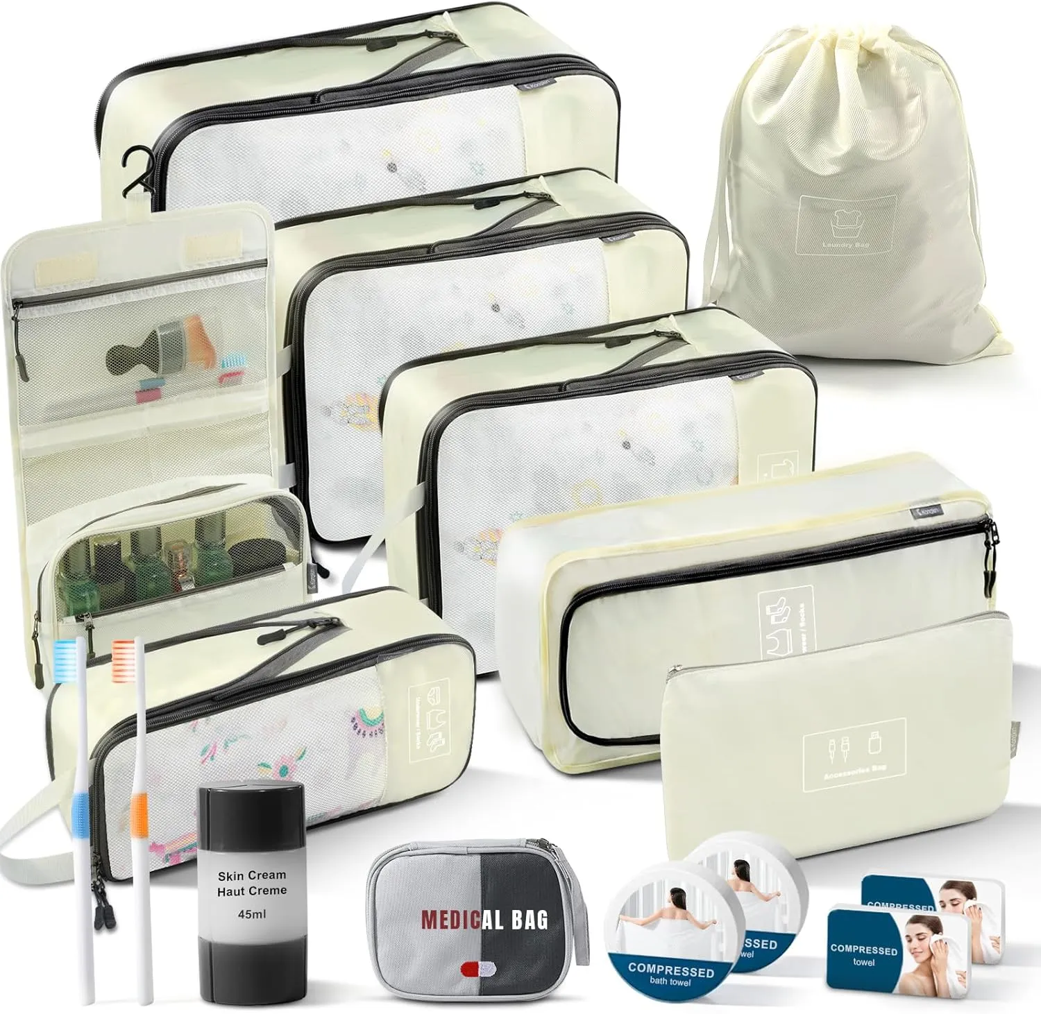 konqkin Compression Packing Cubes for Suitcases, 15PCS Packing Cubes Set , new but compressed bath towel and dispenser bottle are missing ,