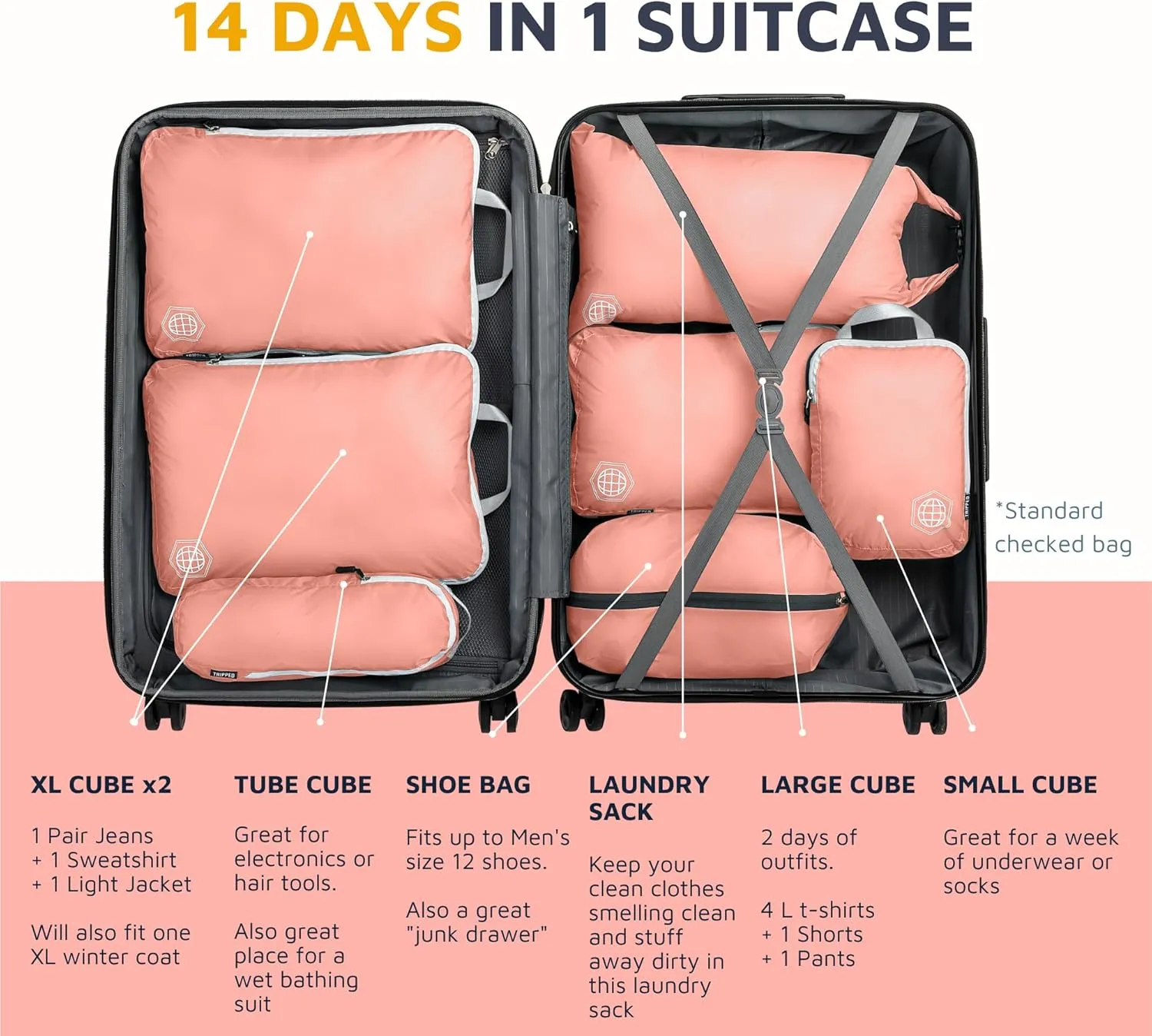 Large Compression Packing Cubes for Travel-Packing Cube Luggage Organizers 7 Piece Set for Checked Luggage-Ultralight, Expandable/Compression Bags by TRIPPED Travel Gear (Dusty Rose)