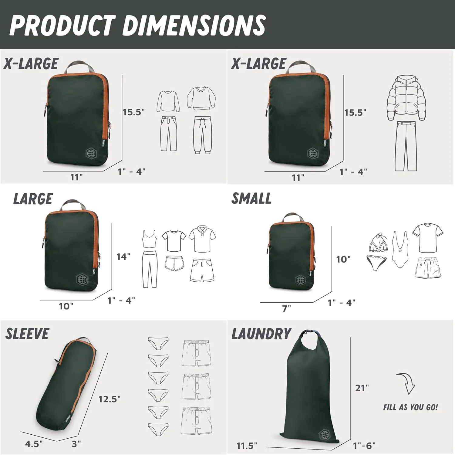 Large Compression Packing Cubes for Travel-Packing Cube Luggage Organizers 7 Piece Set for Checked Luggage-Ultralight, Expandable/Compression Bags by TRIPPED Travel Gear (Green and Brown)