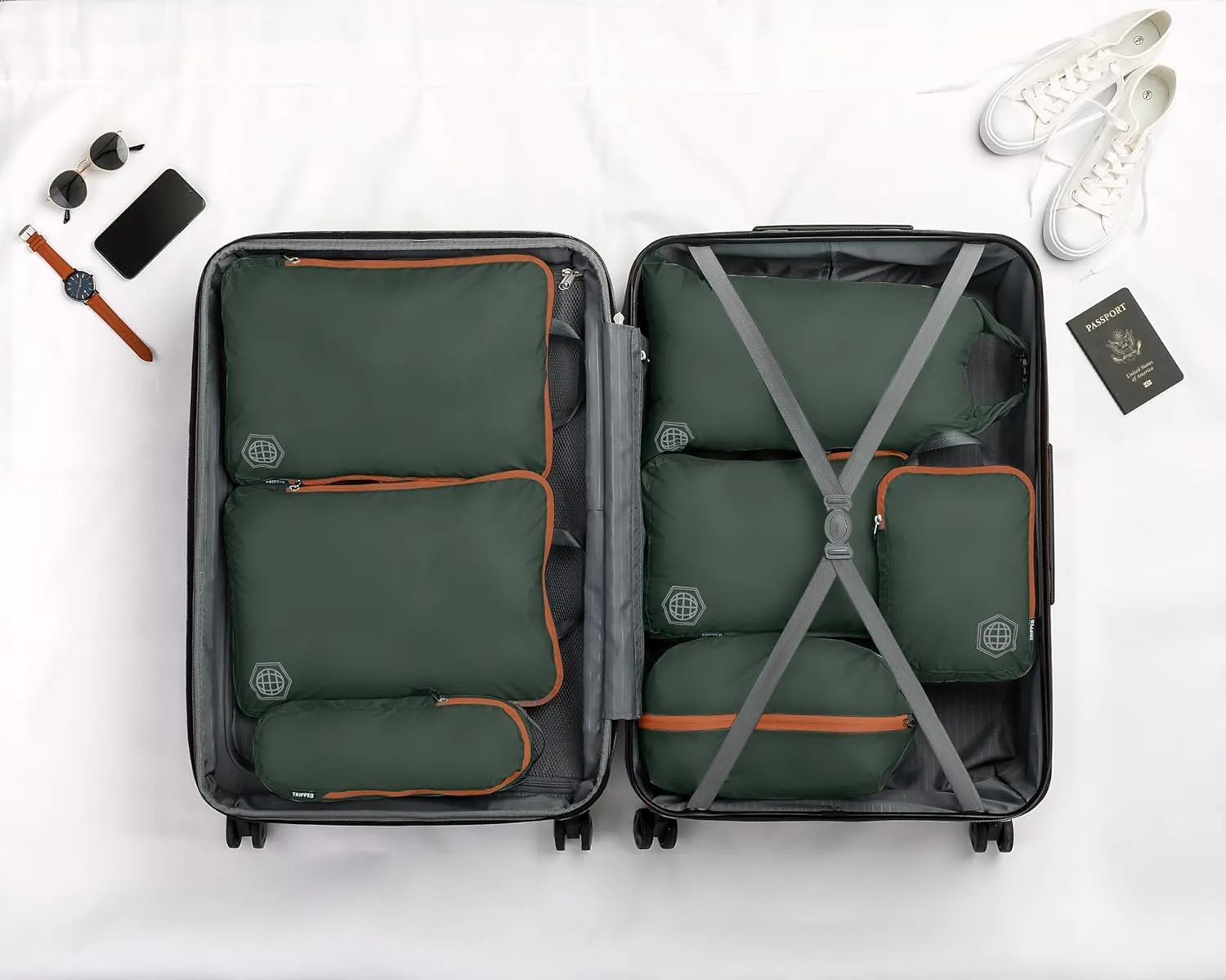 Large Compression Packing Cubes for Travel-Packing Cube Luggage Organizers 7 Piece Set for Checked Luggage-Ultralight, Expandable/Compression Bags by TRIPPED Travel Gear (Green and Brown)