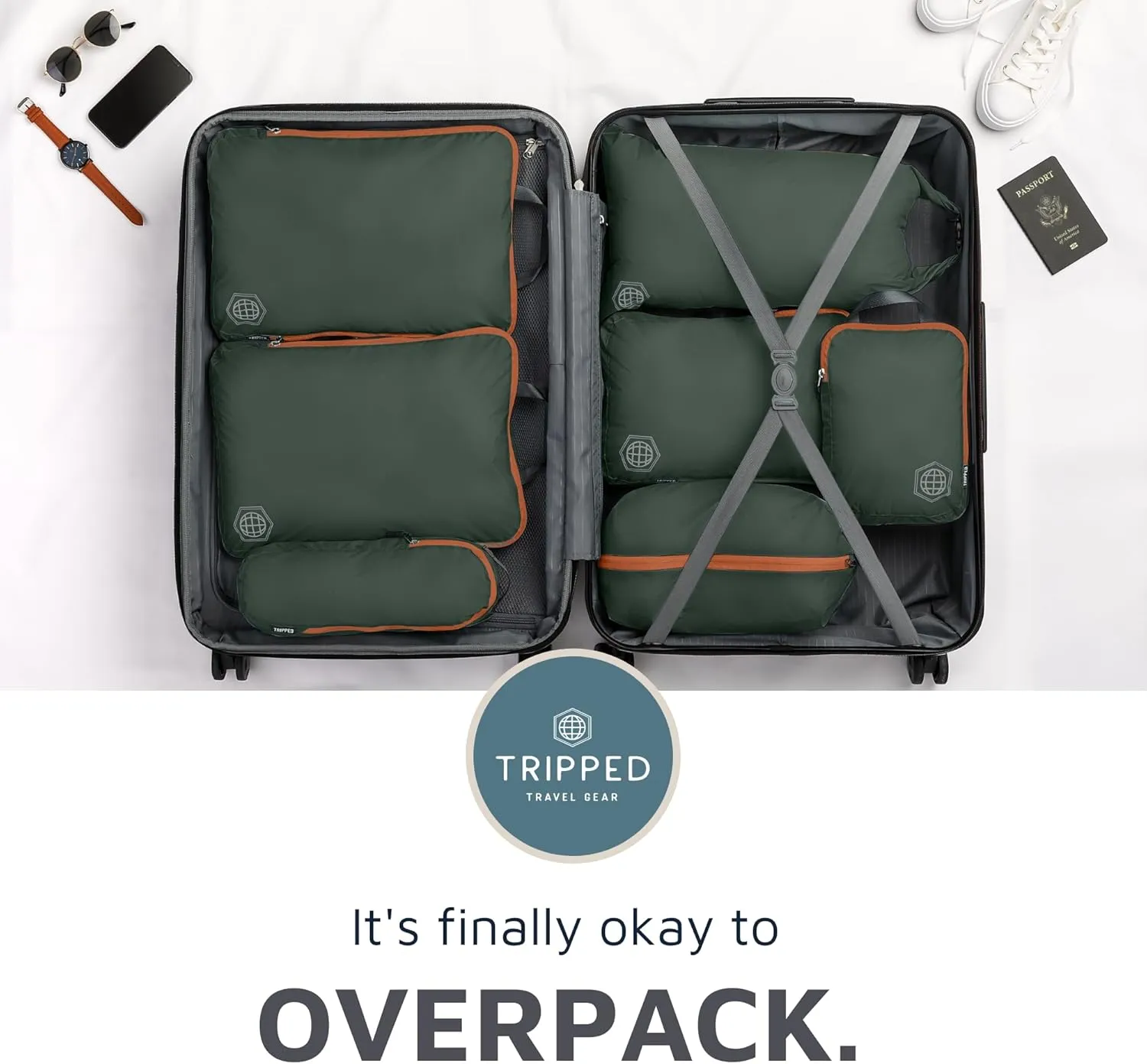 Large Compression Packing Cubes for Travel-Packing Cube Luggage Organizers 7 Piece Set for Checked Luggage-Ultralight, Expandable/Compression Bags by TRIPPED Travel Gear (Green and Brown)