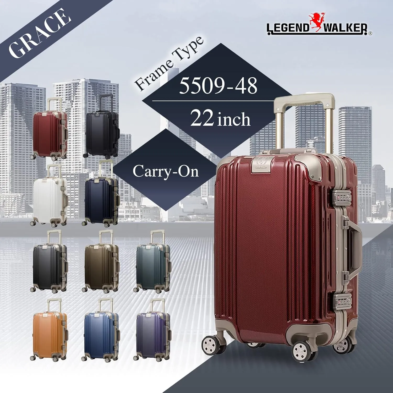 LEGEND WALKER Durable Aluminum Frame Luggage 21-inch, Mimosa Orange, 5509-48-OR