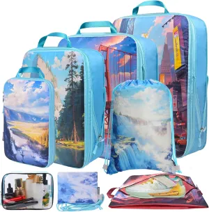 Lightweight Compression Packing Cubes for Suitcases, Compressible Expandable Travel Packing Organizer with Clear Toiletries and Backpack Bag, Travel Essentials for Carry on Luggage 7 Set