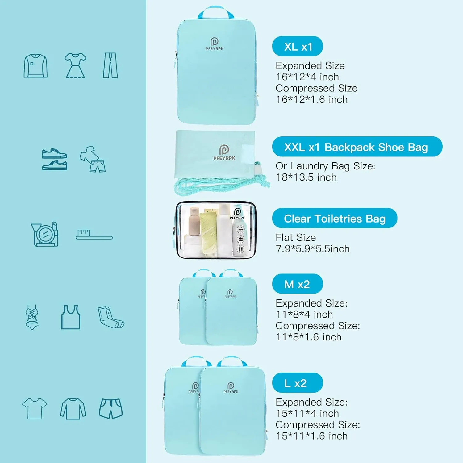Lightweight Compression Packing Cubes for Suitcases, Compressible Expandable Travel Packing Organizer with Clear Toiletries and Backpack Bag, Travel Essentials for Carry on Luggage 7 Set