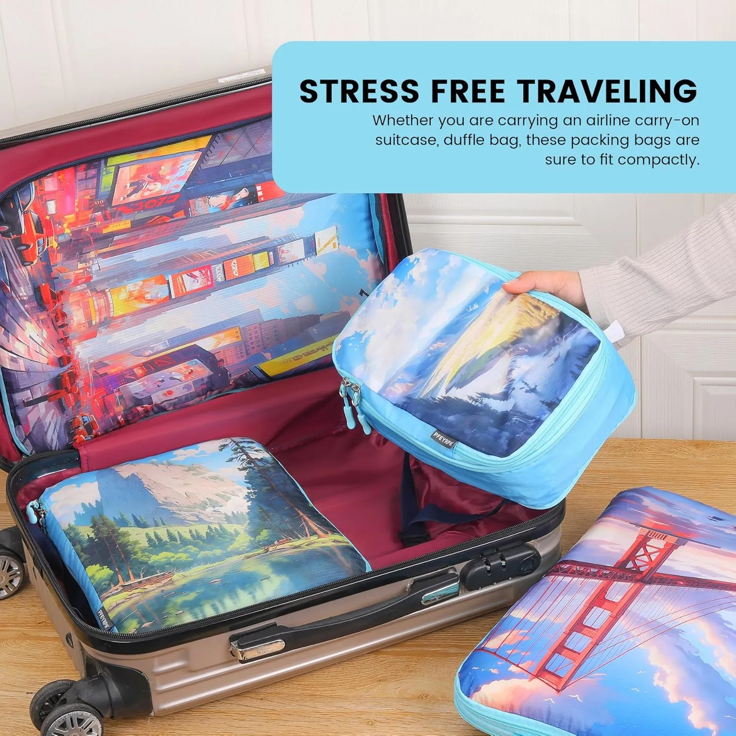 Lightweight Compression Packing Cubes for Suitcases, Compressible Expandable Travel Packing Organizer with Clear Toiletries and Backpack Bag, Travel Essentials for Carry on Luggage 7 Set