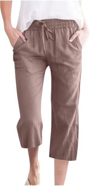 Linen Summer Pants for Women 2024 Wide Leg Capris Palazzo Capri Pants Dressy Causal Gauze Pants with Pockets