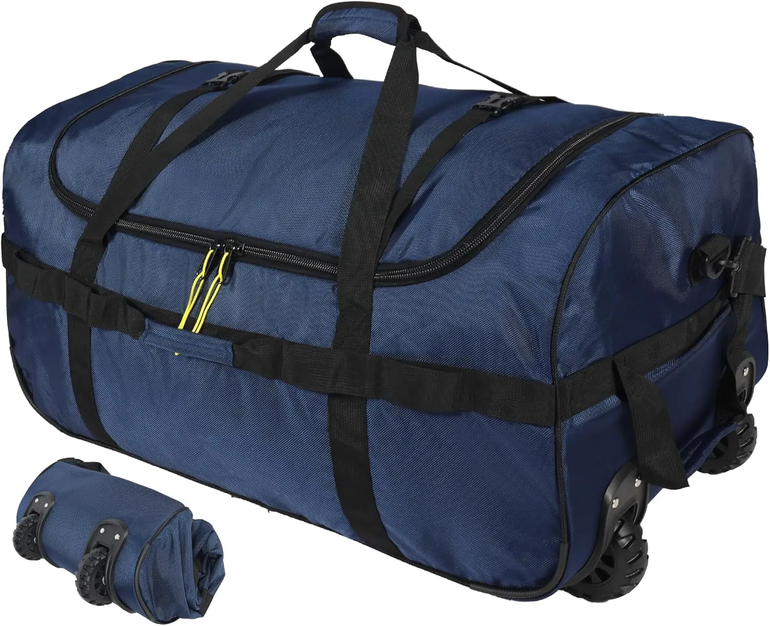 Lineslife Foldable Duffle Bag with Wheels 120L, Collapsible Large Duffel Bag with Rollers for Camping Travel Gear, 1680D Oxford, Navy Blue