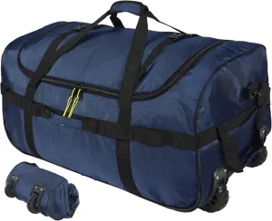 Lineslife Foldable Duffle Bag with Wheels 120L, Collapsible Large Duffel Bag with Rollers for Camping Travel Gear, 1680D Oxford, Navy Blue