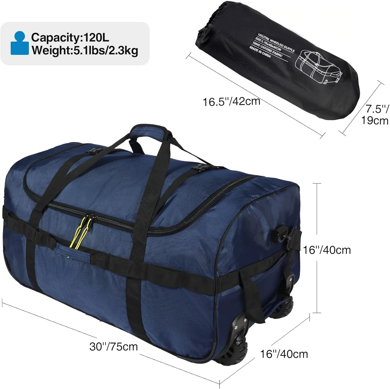 Lineslife Foldable Duffle Bag with Wheels 120L, Collapsible Large Duffel Bag with Rollers for Camping Travel Gear, 1680D Oxford, Navy Blue