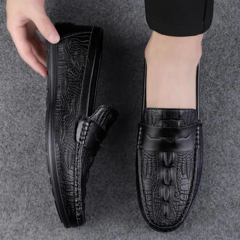 Loafers for Men Round Toe Vegan Leather Crocodile Print Penny Loafers Slip Resistant Lightweight Comfortable Wedding Party Slip-ons