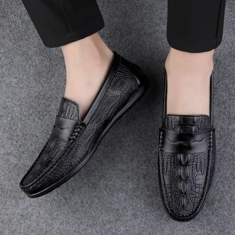Loafers for Men Round Toe Vegan Leather Crocodile Print Penny Loafers Slip Resistant Lightweight Comfortable Wedding Party Slip-ons