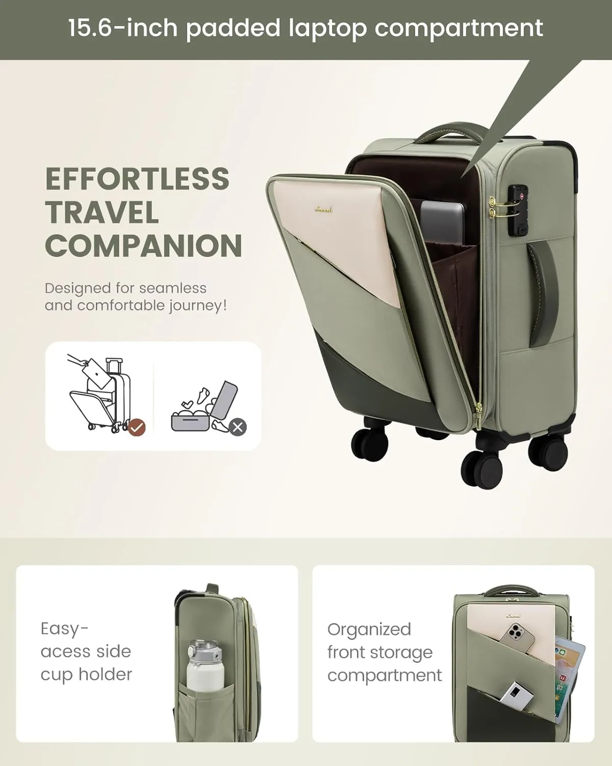 LOVEVOOK Carry On Luggage 22x14x9 Airline Approved, 20 Inch Softside Suitcases with Wheels, Lightweight Rolling Carry on Suitcase with TSA Lock, Water-Resistant Large Capacity Luggage for Women Travel