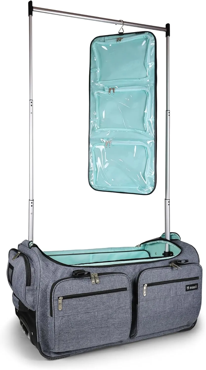 Mavii Deluxe Dance Bag with Garment Rack, 28 Inch Rolling Duffel for Competitions & Travel, Patent-Pending Stability Frames, Lightweight Aluminum Rack, Wheeled Upright Luggage, Heathered Gray