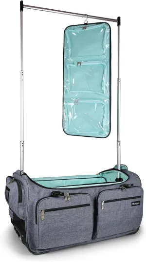 Mavii Deluxe Dance Bag with Garment Rack, 28 Inch Rolling Duffel for Competitions & Travel, Patent-Pending Stability Frames, Lightweight Aluminum Rack, Wheeled Upright Luggage, Heathered Gray
