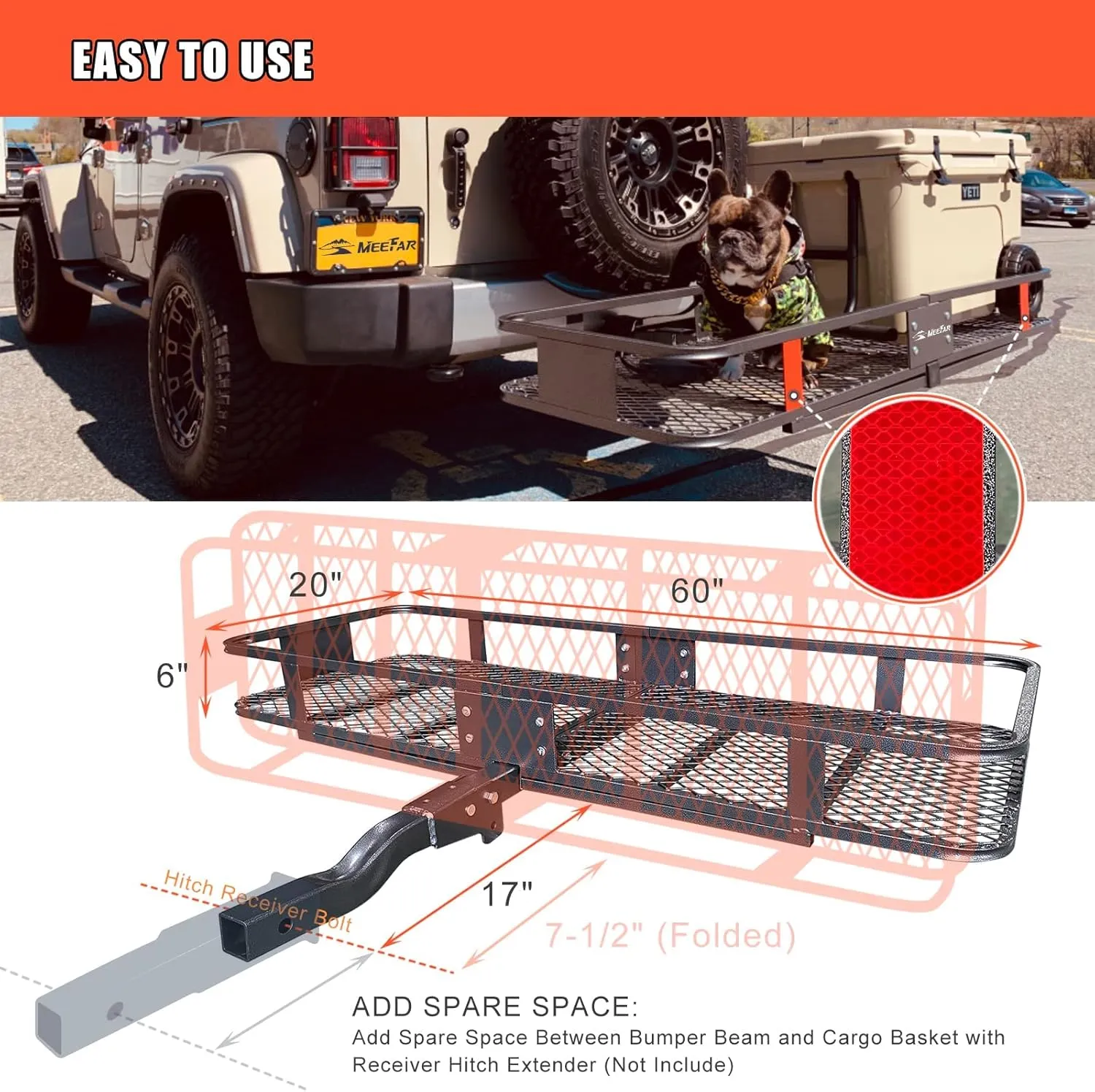 MeeFar Folding Hitch Mount Cargo Carrier Basket 60" X 20" X 6" Waterproof Cargo Bag 16 Cubic Feet(58" 19" 24"),Hauling Weight Capacity of 500 Lbs and A Folding Arm.with Hitch Stabilizer,Net and Straps