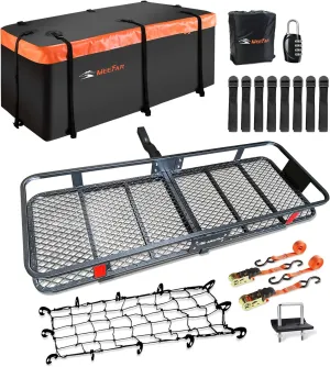MeeFar Folding Hitch Mount Cargo Carrier Basket 60" X 20" X 6" Waterproof Cargo Bag 16 Cubic Feet(58" 19" 24"),Hauling Weight Capacity of 500 Lbs and A Folding Arm.with Hitch Stabilizer,Net and Straps