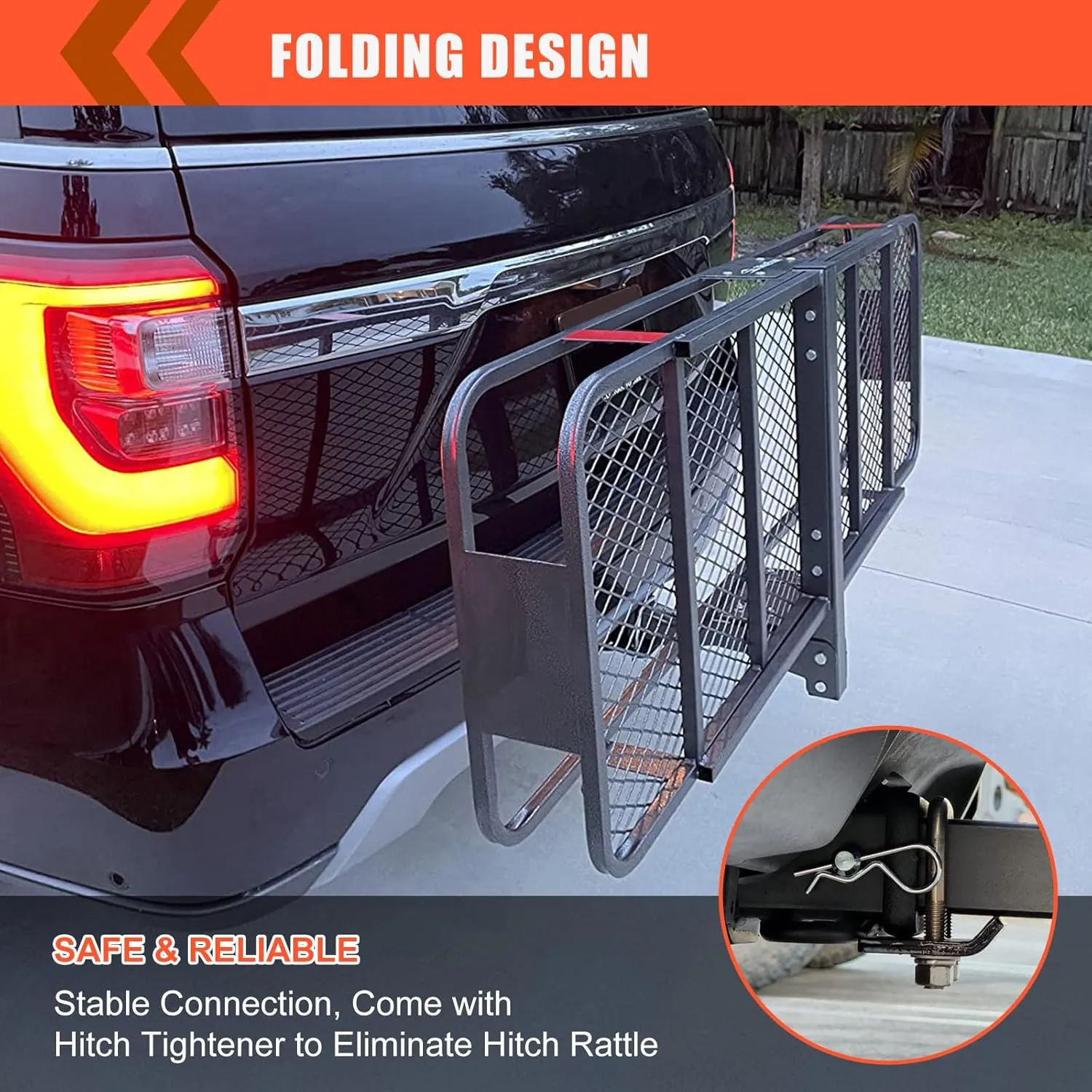 MeeFar Folding Hitch Mount Cargo Carrier Basket 60" X 20" X 6" Waterproof Cargo Bag 16 Cubic Feet(58" 19" 24"),Hauling Weight Capacity of 500 Lbs and A Folding Arm.with Hitch Stabilizer,Net and Straps