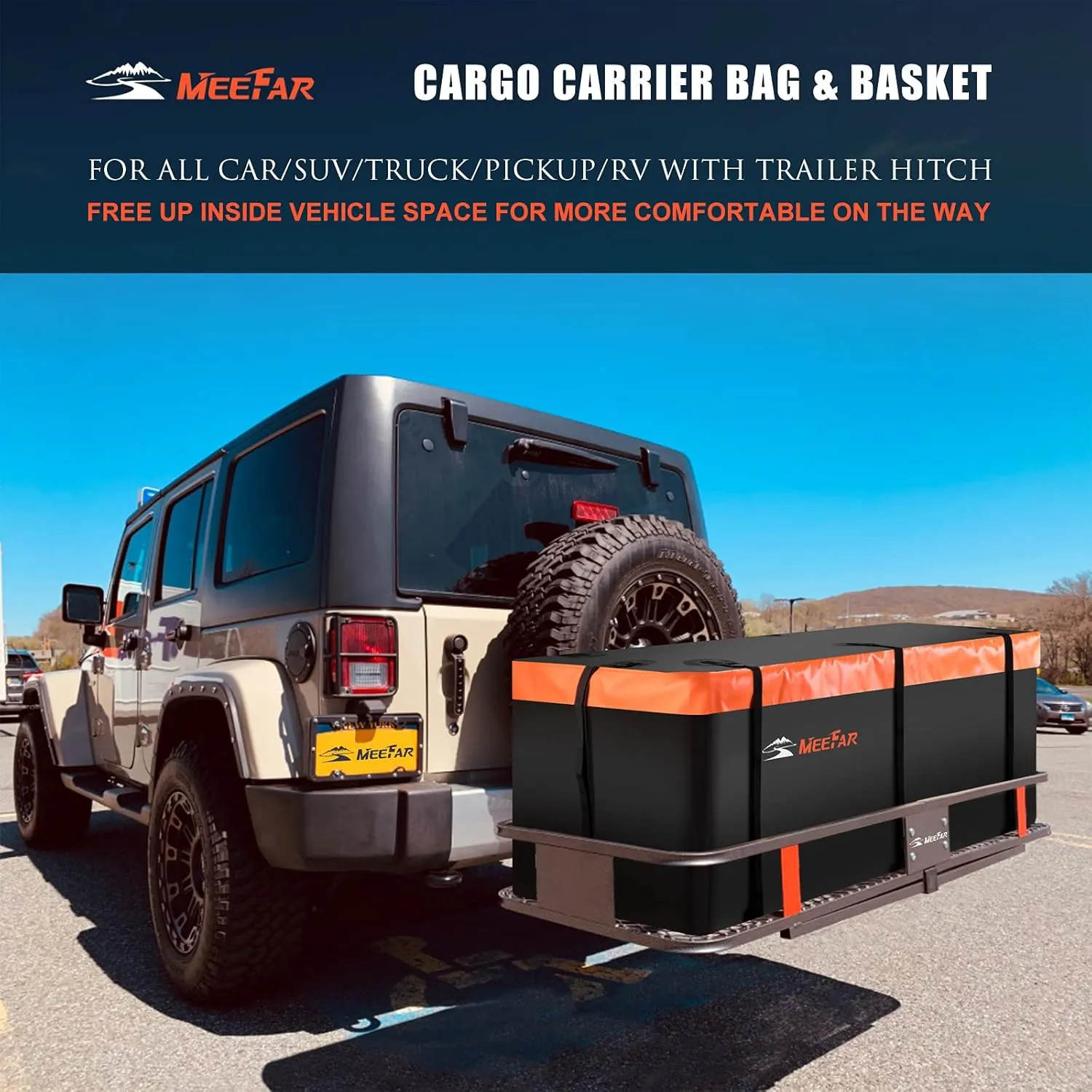 MeeFar Folding Hitch Mount Cargo Carrier Basket 60" X 20" X 6" Waterproof Cargo Bag 16 Cubic Feet(58" 19" 24"),Hauling Weight Capacity of 500 Lbs and A Folding Arm.with Hitch Stabilizer,Net and Straps