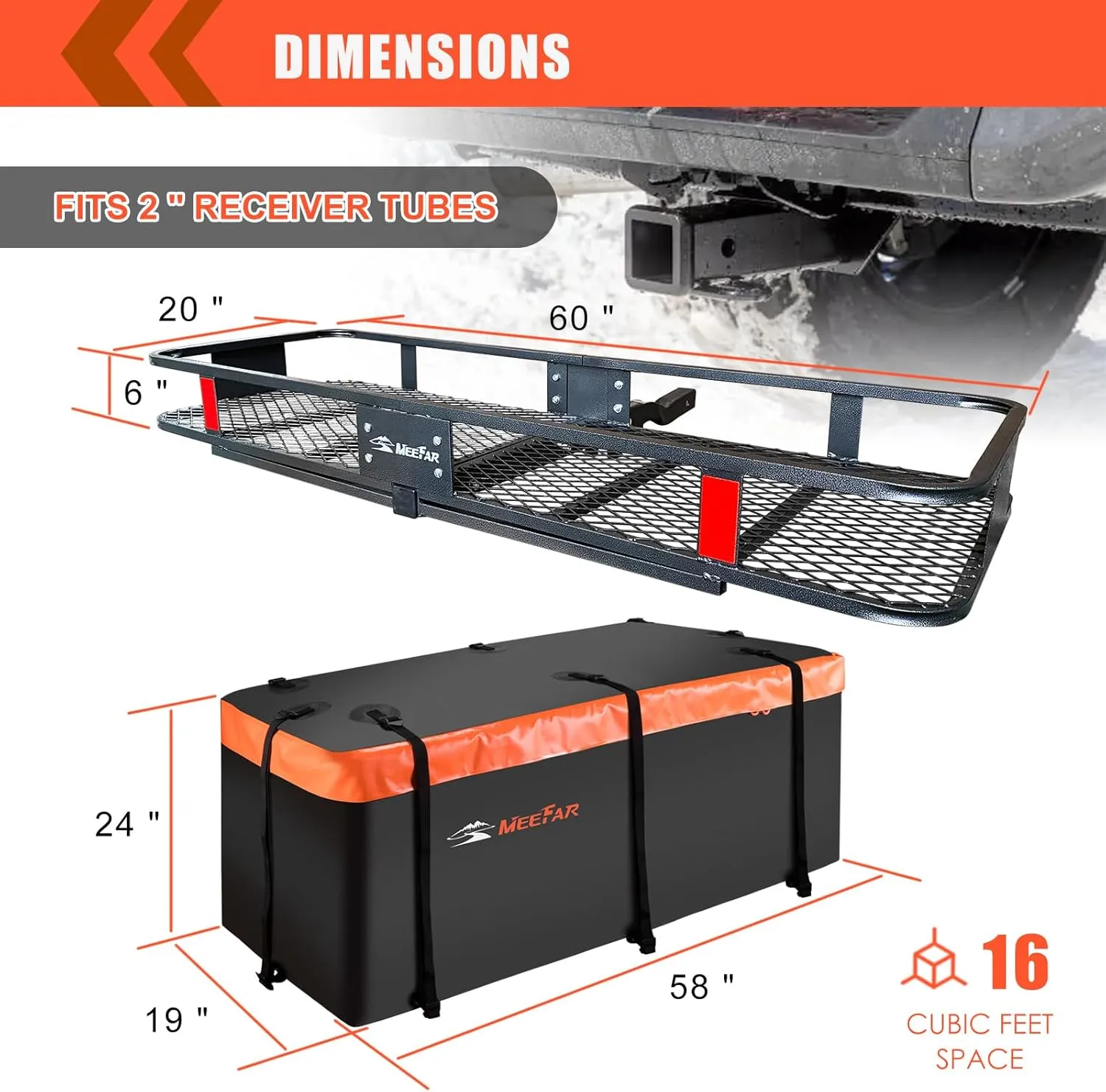 MeeFar Folding Hitch Mount Cargo Carrier Basket 60" X 20" X 6" Waterproof Cargo Bag 16 Cubic Feet(58" 19" 24"),Hauling Weight Capacity of 500 Lbs and A Folding Arm.with Hitch Stabilizer,Net and Straps