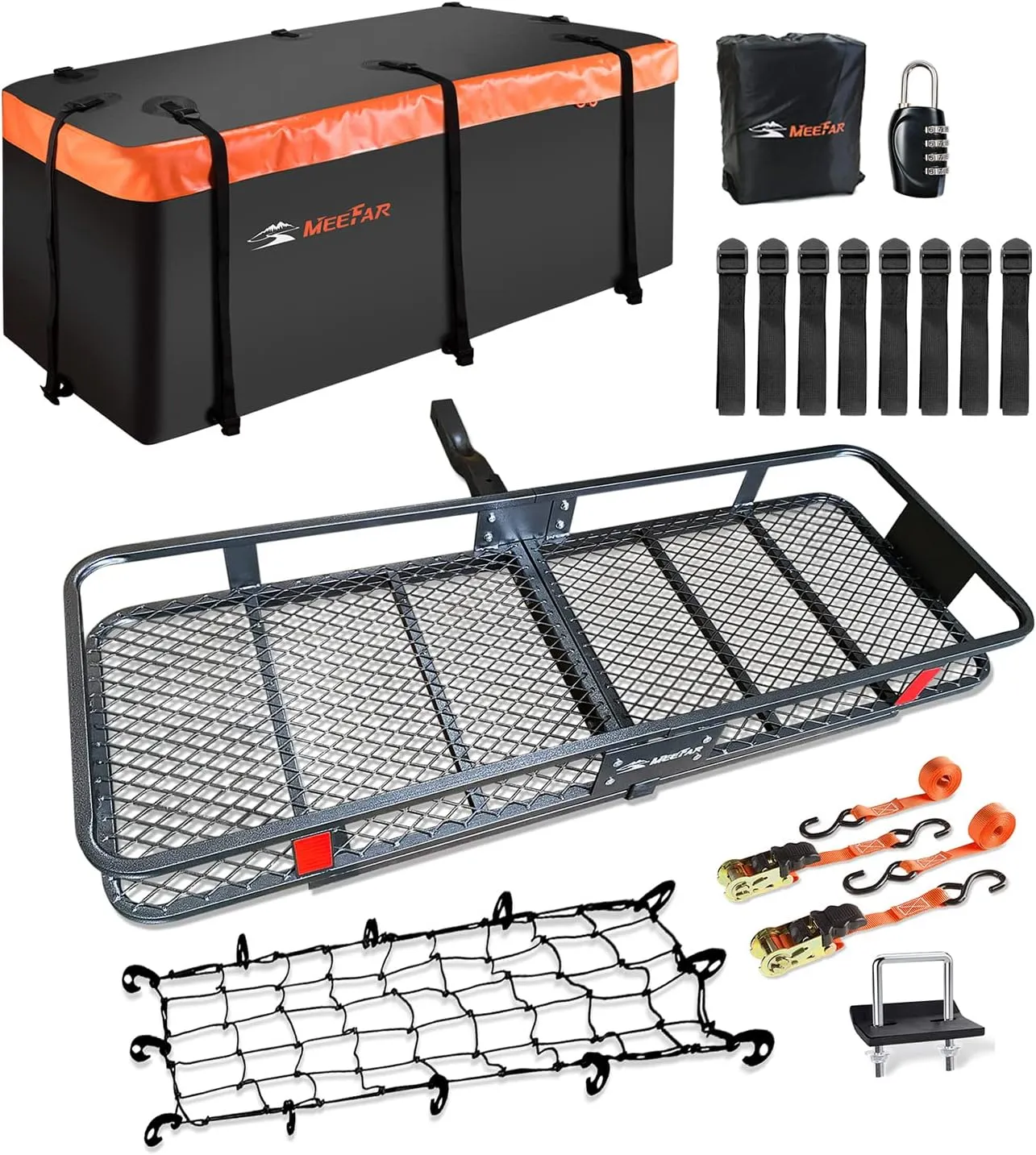 MeeFar Folding Hitch Mount Cargo Carrier Basket 60" X 20" X 6" Waterproof Cargo Bag 16 Cubic Feet(58" 19" 24"),Hauling Weight Capacity of 500 Lbs and A Folding Arm.with Hitch Stabilizer,Net and Straps