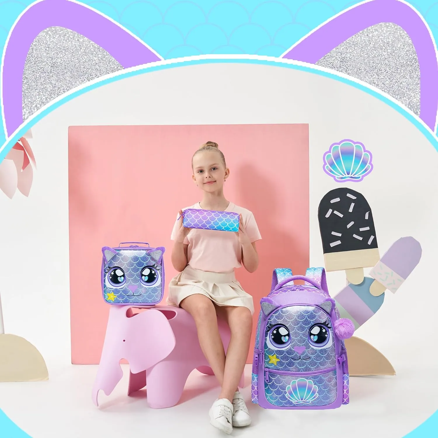 Meetbelify Backpacks for Girls School Bag Cute Girls Backpacks Ages 8-10 with Lunch Box Kids Bookbag Set Travel Backpack for Preschool Kindergarten Elementary Students Backpack to School Supplies
