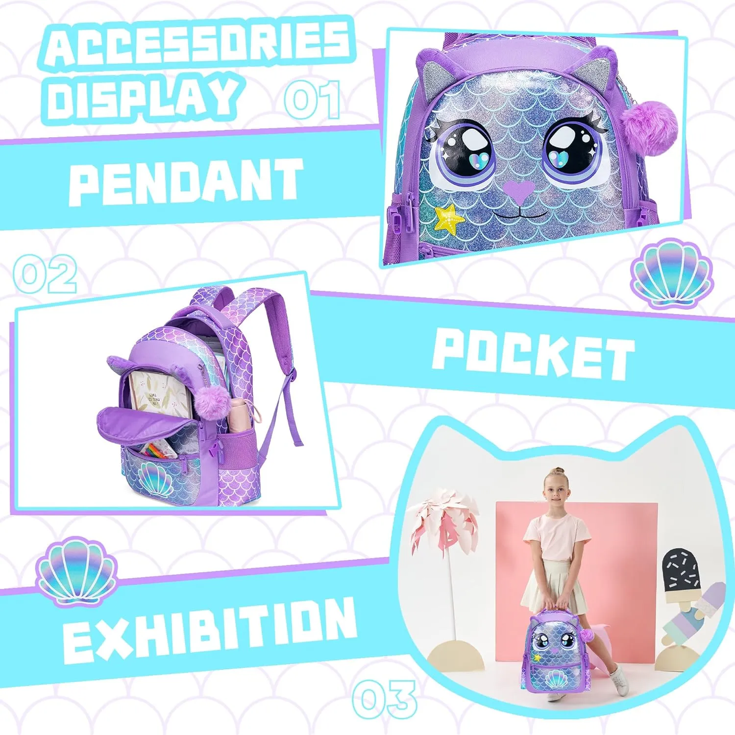 Meetbelify Backpacks for Girls School Bag Cute Girls Backpacks Ages 8-10 with Lunch Box Kids Bookbag Set Travel Backpack for Preschool Kindergarten Elementary Students Backpack to School Supplies