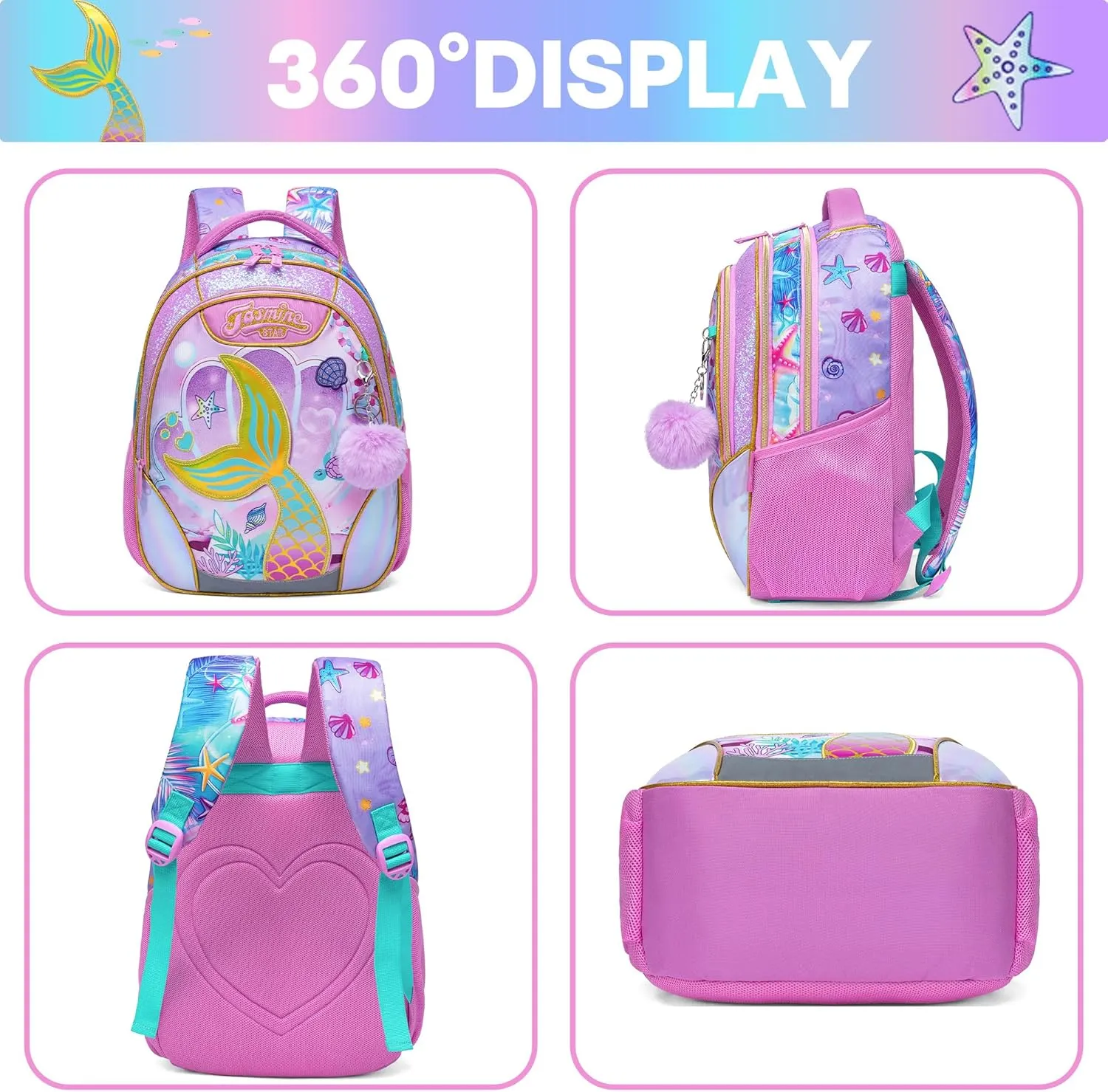 Meetbelify Mermaid Backpacks for Girls School Bag Cute Girls Backpacks Ages 8-10 with Lunch Box Kids Bookbag Set Travel Backpack for Elementary Students Backpack to School Supplies