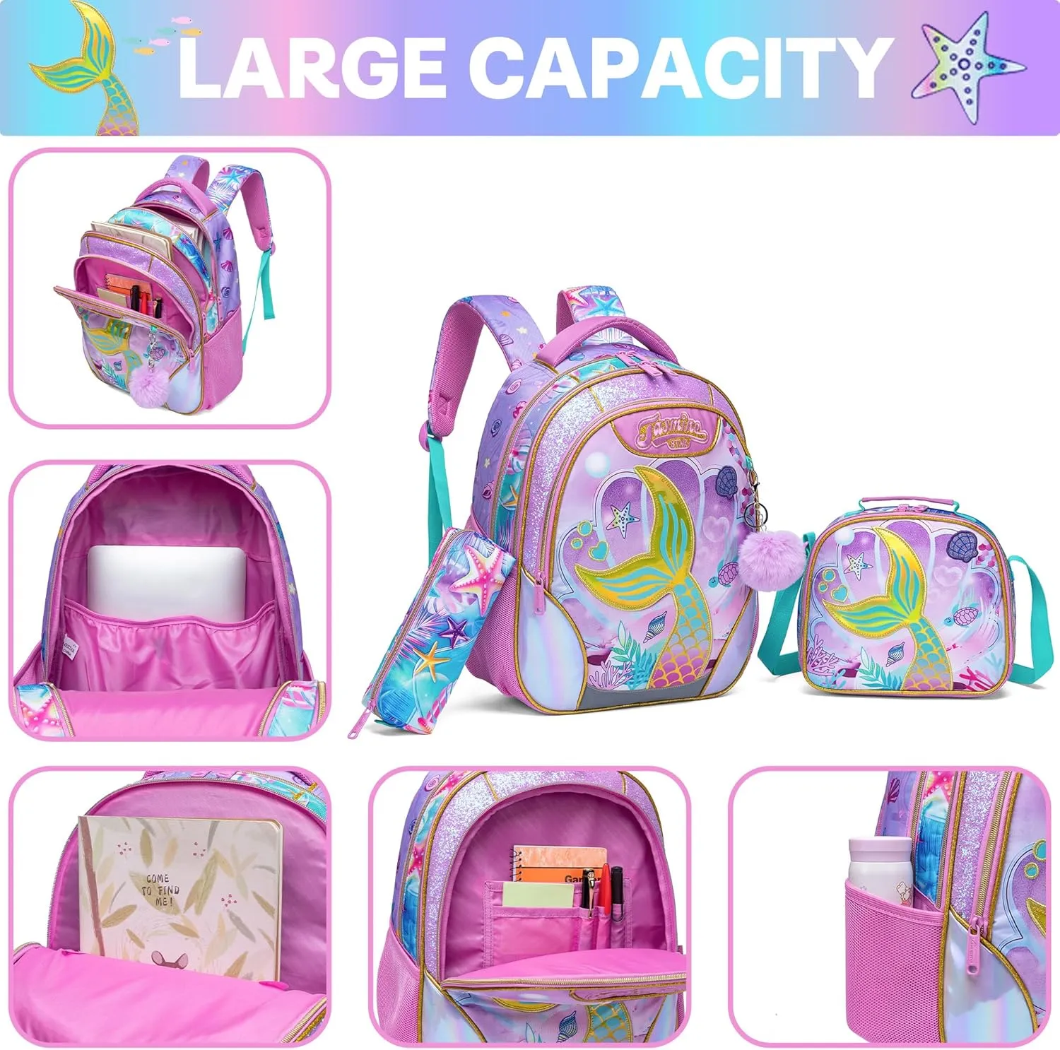 Meetbelify Mermaid Backpacks for Girls School Bag Cute Girls Backpacks Ages 8-10 with Lunch Box Kids Bookbag Set Travel Backpack for Elementary Students Backpack to School Supplies