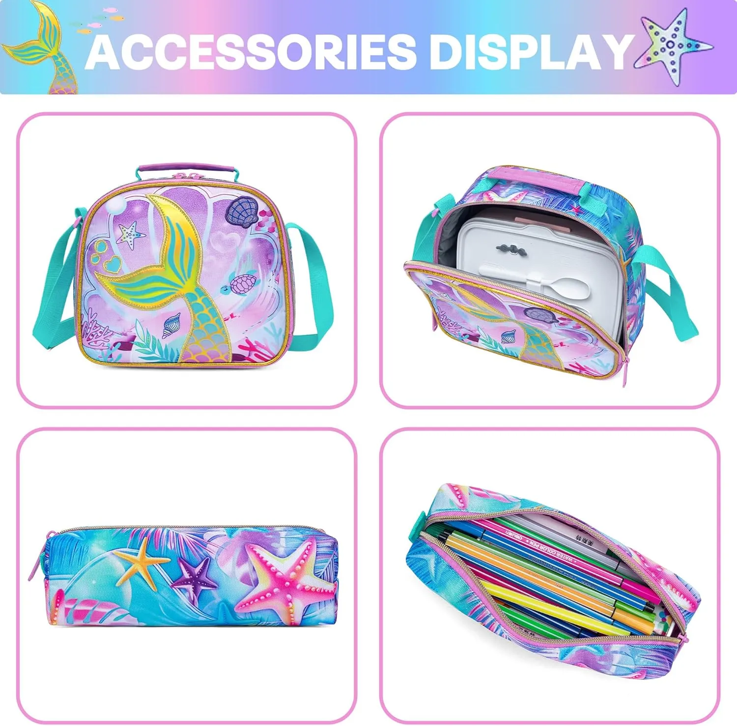 Meetbelify Mermaid Backpacks for Girls School Bag Cute Girls Backpacks Ages 8-10 with Lunch Box Kids Bookbag Set Travel Backpack for Elementary Students Backpack to School Supplies