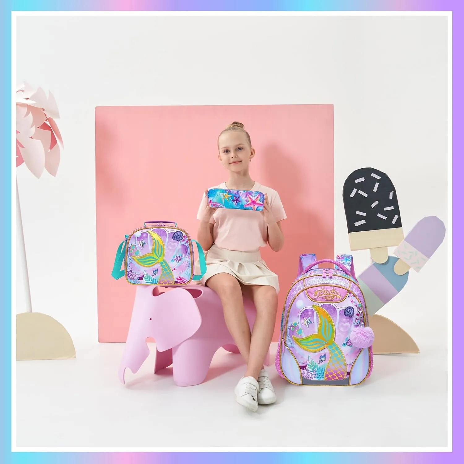 Meetbelify Mermaid Backpacks for Girls School Bag Cute Girls Backpacks Ages 8-10 with Lunch Box Kids Bookbag Set Travel Backpack for Elementary Students Backpack to School Supplies
