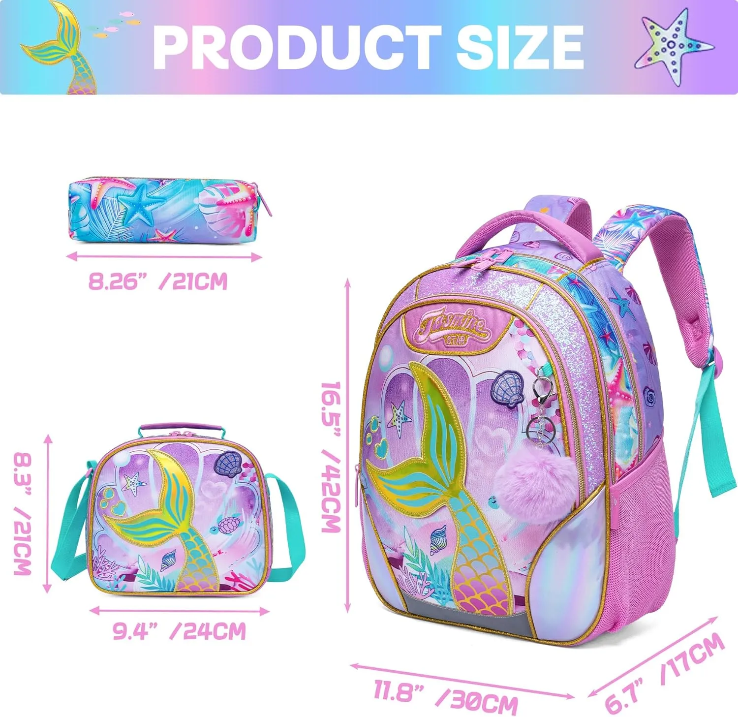 Meetbelify Mermaid Backpacks for Girls School Bag Cute Girls Backpacks Ages 8-10 with Lunch Box Kids Bookbag Set Travel Backpack for Elementary Students Backpack to School Supplies