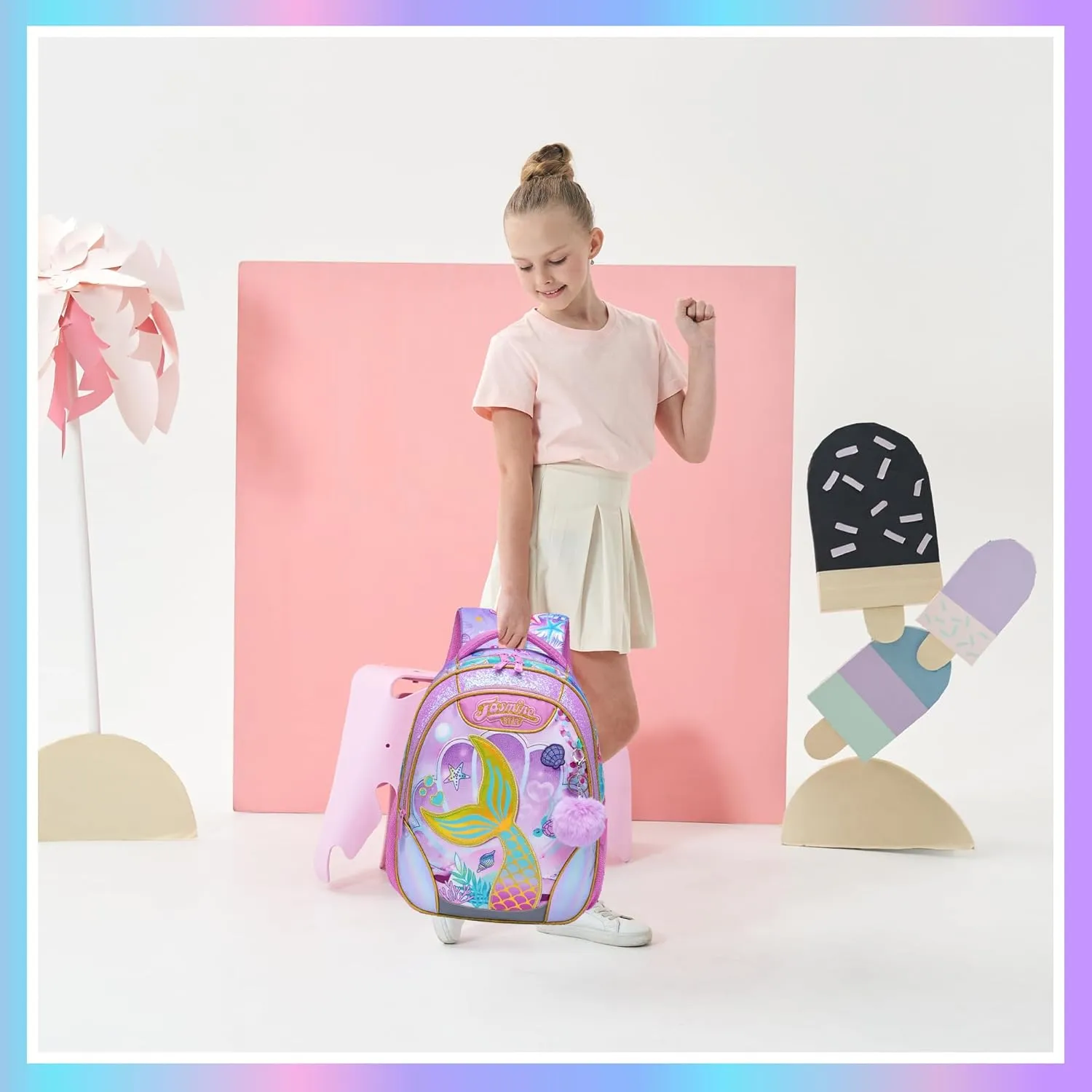 Meetbelify Mermaid Backpacks for Girls School Bag Cute Girls Backpacks Ages 8-10 with Lunch Box Kids Bookbag Set Travel Backpack for Elementary Students Backpack to School Supplies