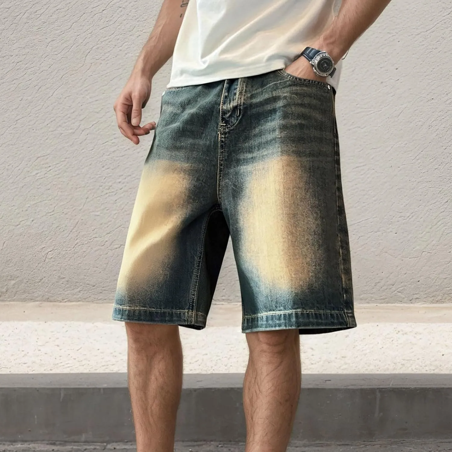 Men Baggy Denim Jorts Y2K Vintage Loose Hip Hop Jean Shorts Wide Leg Long Jeans with Pockets Streetwear