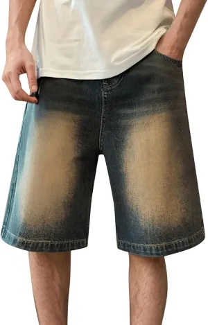 Men Baggy Denim Jorts Y2K Vintage Loose Hip Hop Jean Shorts Wide Leg Long Jeans with Pockets Streetwear