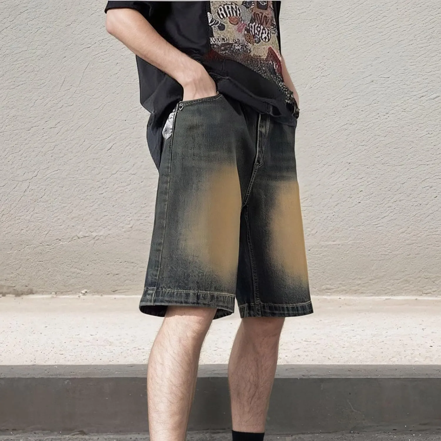 Men Baggy Denim Jorts Y2K Vintage Loose Hip Hop Jean Shorts Wide Leg Long Jeans with Pockets Streetwear