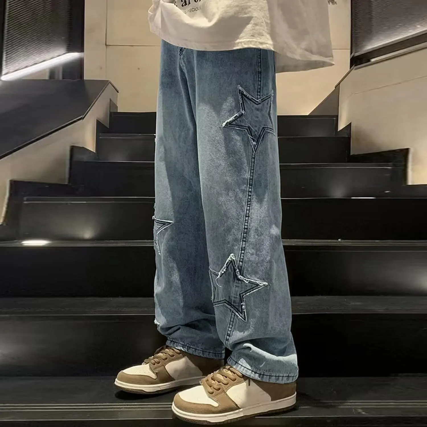 Mens Loose Fit Jeans Y2k Hip Hop Straight Leg Jean Baggy Streetwear Wide Leg Denim Pants Casual Low Rise Trousers