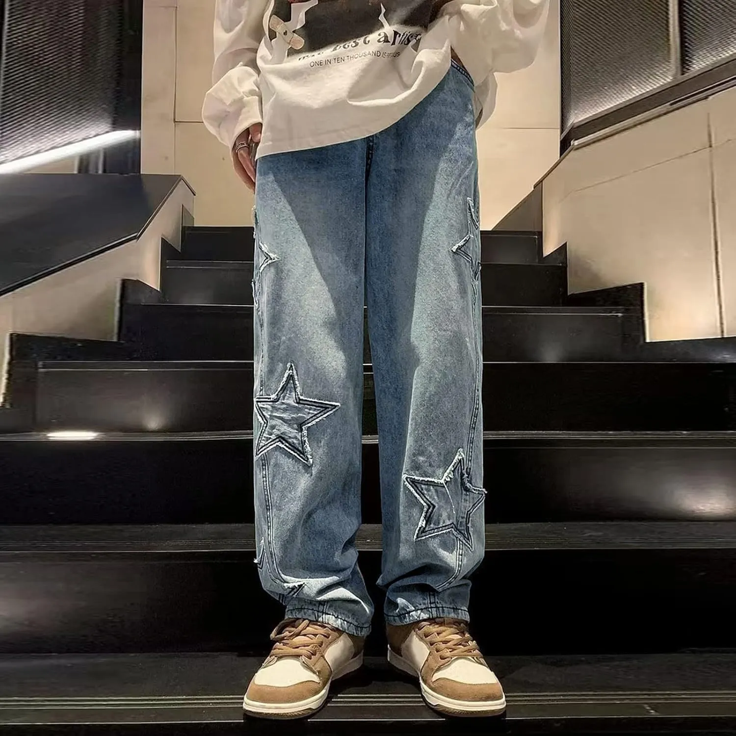 Mens Loose Fit Jeans Y2k Hip Hop Straight Leg Jean Baggy Streetwear Wide Leg Denim Pants Casual Low Rise Trousers