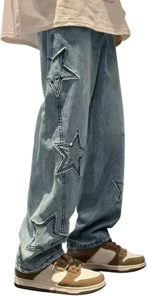Mens Loose Fit Jeans Y2k Hip Hop Straight Leg Jean Baggy Streetwear Wide Leg Denim Pants Casual Low Rise Trousers