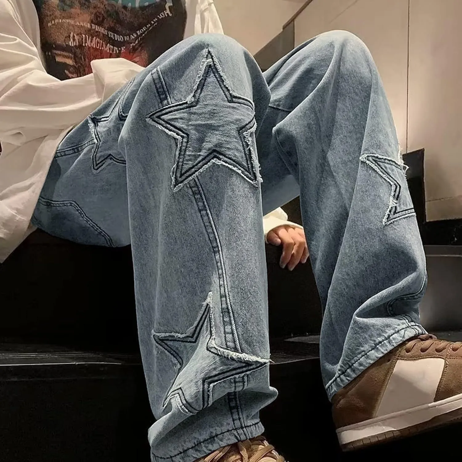 Mens Loose Fit Jeans Y2k Hip Hop Straight Leg Jean Baggy Streetwear Wide Leg Denim Pants Casual Low Rise Trousers