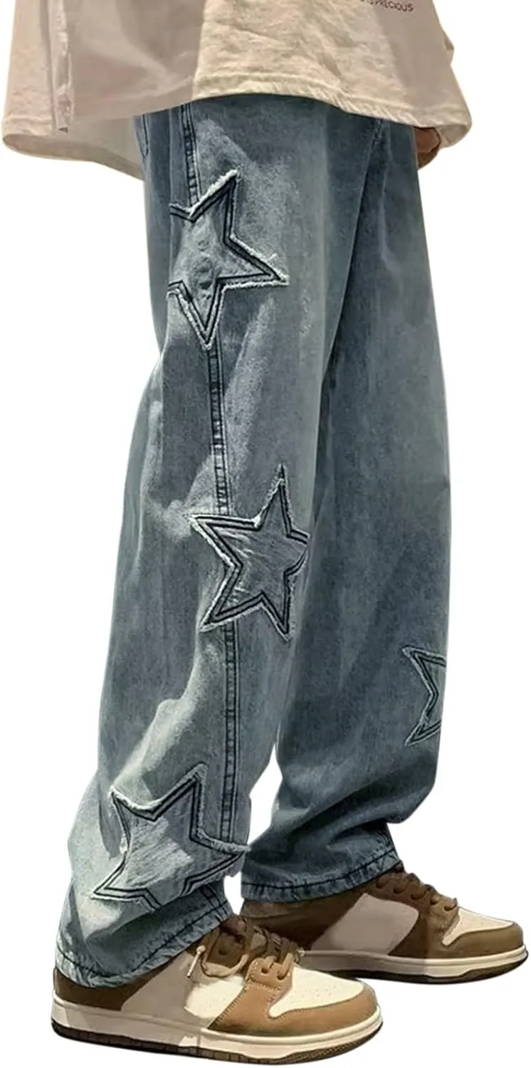 Mens Loose Fit Jeans Y2k Hip Hop Straight Leg Jean Baggy Streetwear Wide Leg Denim Pants Casual Low Rise Trousers