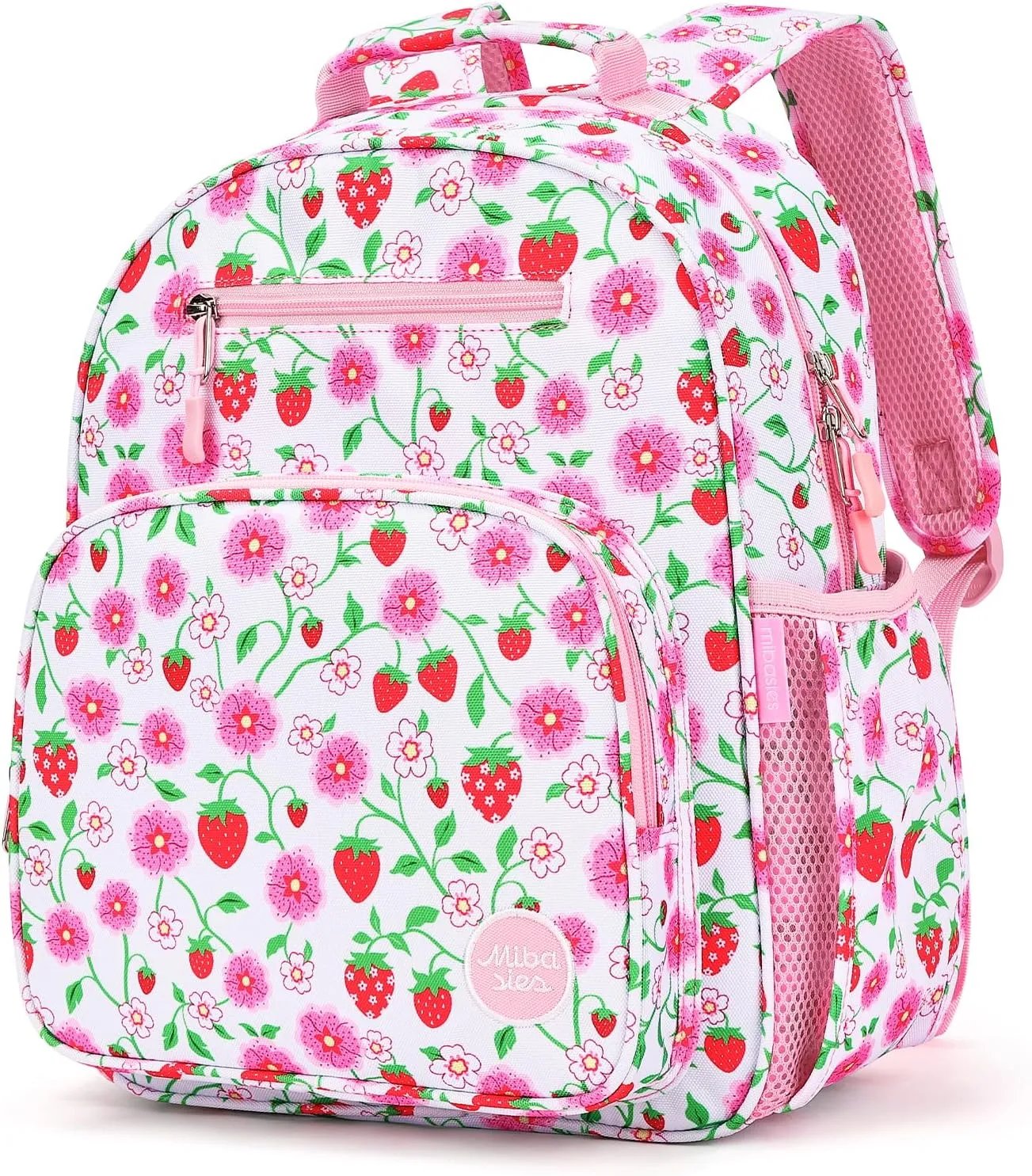 mibasies Girls Backpack 5-8: Lightweight Kids Backpacks for Girls - Girl Bookbag for Elementary School - Strawberry Floral Pink